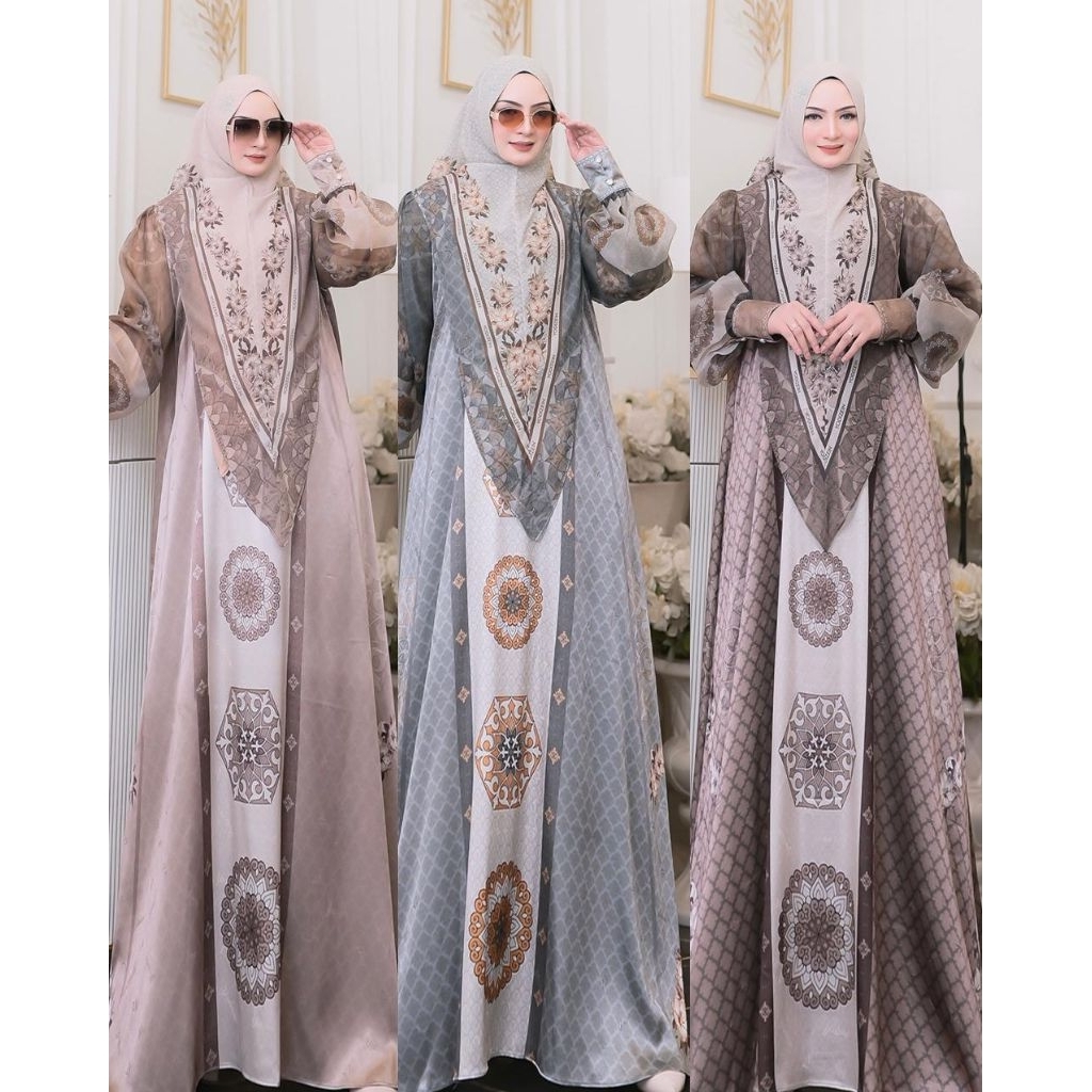 AZKADINA series by Yodizein Syari gamis set hijab premium gamis printing nyaman adem gamis HQ rekome