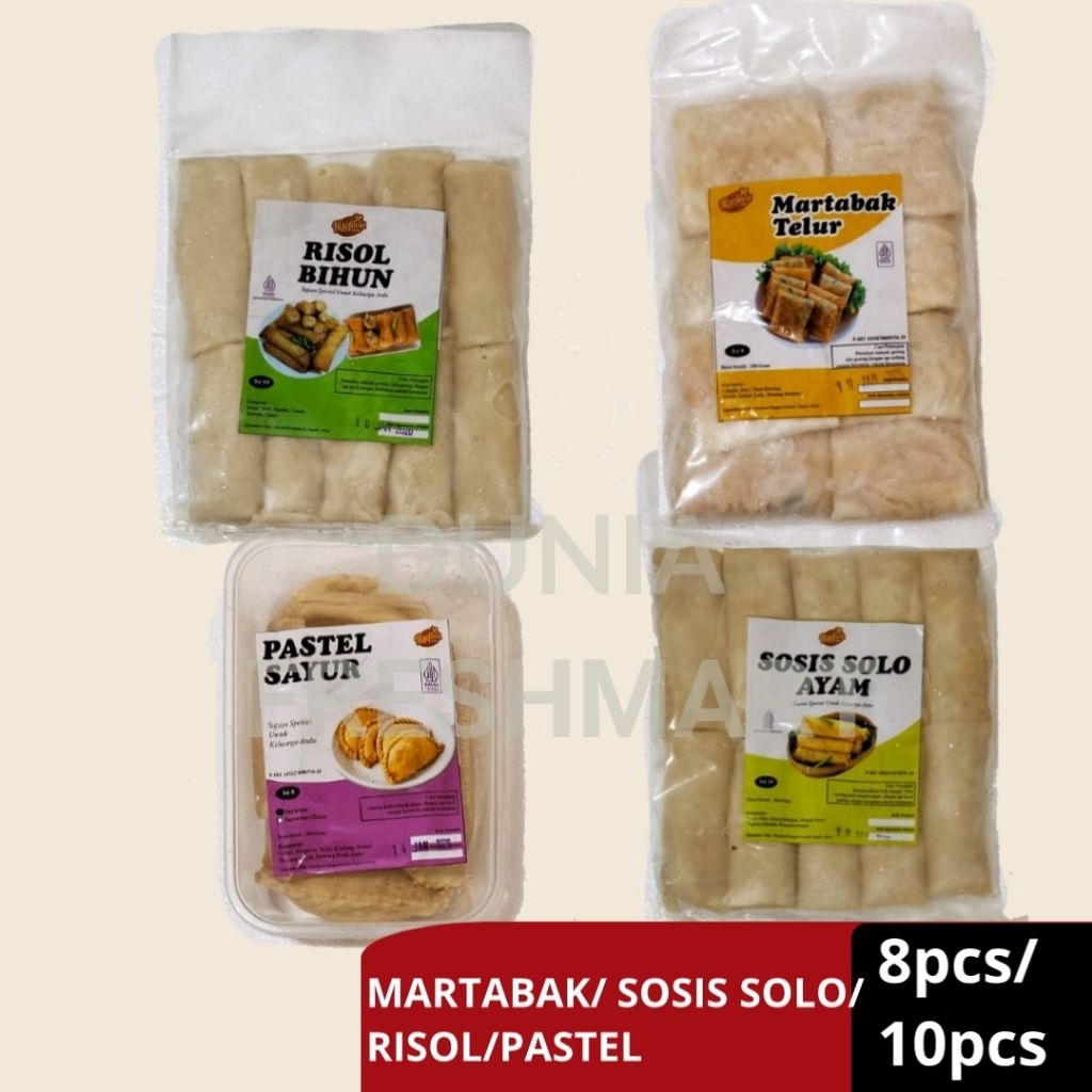 

NISOFOOD PASTEL SAYUR/RISOL BIHUN/SOSIS AYAM SOLO/MARTABAK TELUR ISI 8PCS/10PCS FROZEN FOOD NISO FOOD PASTEL RISOLES SOSIS MARTABAK