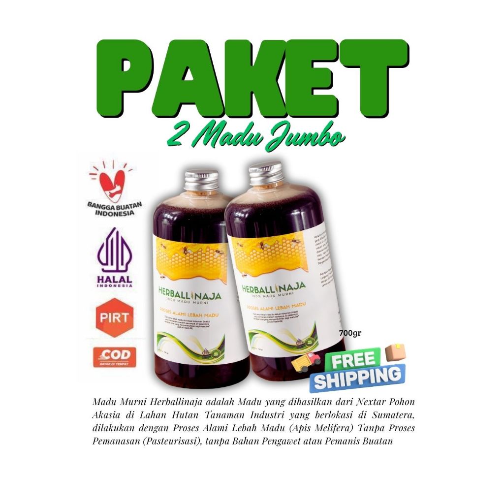 

Paket 2 Botol Madu Murni Jumbo HERBALLINAJA 700gr | Madu Akasia Asli 100% Alami Tanpa Pengawet