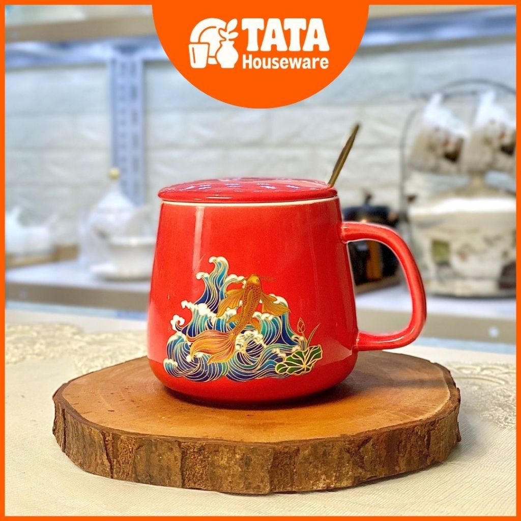 [TATA] Cangkir Set Ikan Koi Keramik / Gelas Minum Teh - Kopi Mewah / Cangkir + Penutup + Sendok Hamp