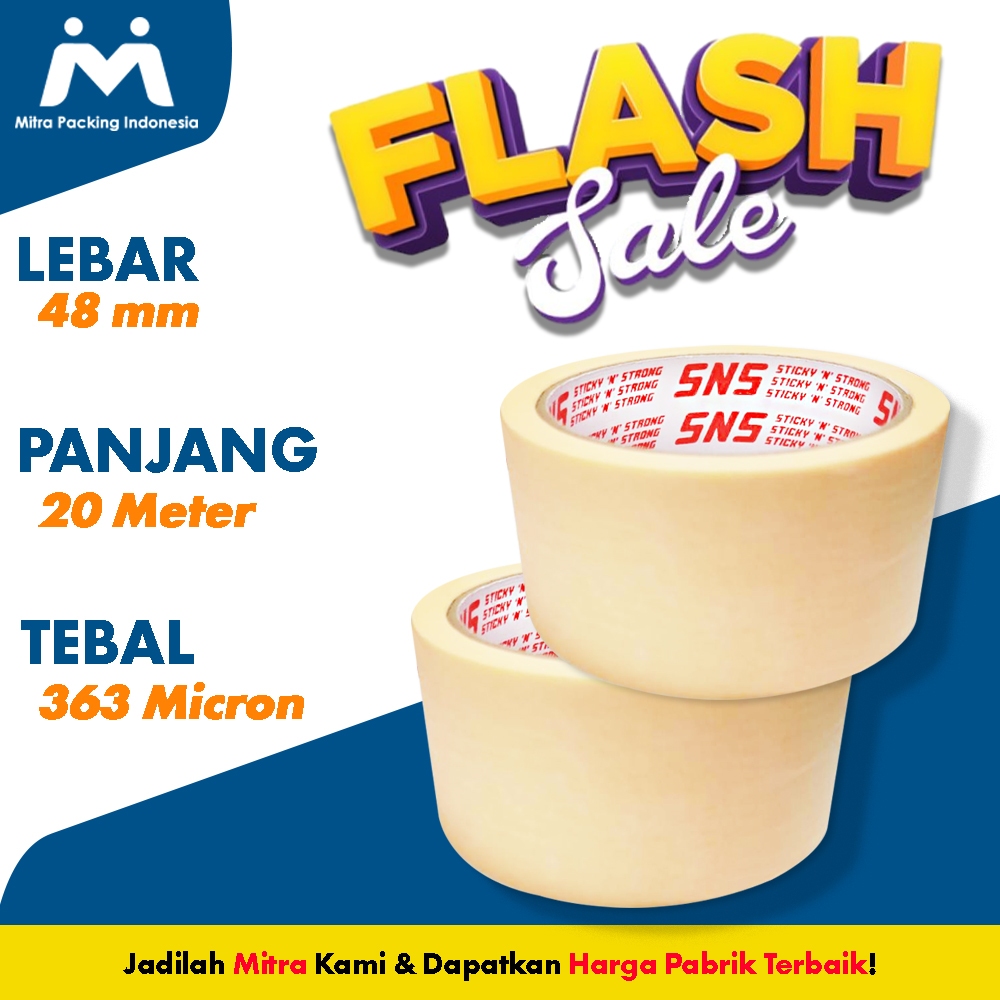 

LAKBAN KERTAS / MASKING TAPE 2 inch ( 48 MM x 20 METER ) SNS Sticky N Strong - Mitra Packing Indonesia