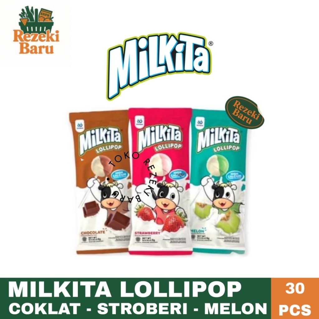 

MILKITA LOLLIPOP HANGER 1 PACK 30 PCS 3 RASA STROBERI COKLAT MELON / PERMEN ANAK-ANAK