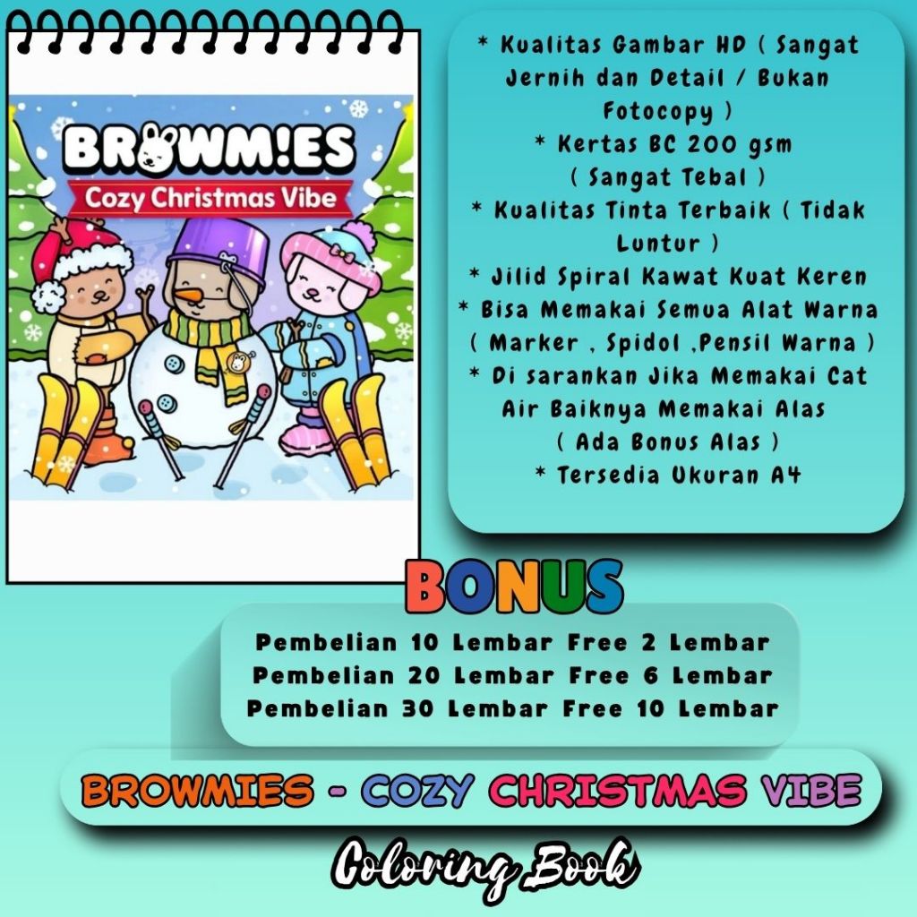 

BROWMIES COZY CHRISTMAS Coloring Book Buku Mewarnai A4 Kertas Tebal 200gsm Gambar HD Jernih Bagus