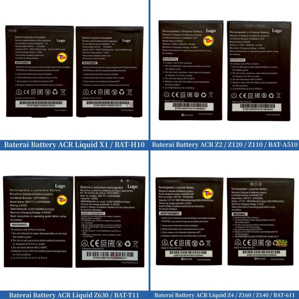 Baterai - Battery Acer BAT-H10 - BAT-A510 - BAT-T11 - BAT-611 - Liquid X1 - Z2 - Z120 - Z110  Liquid