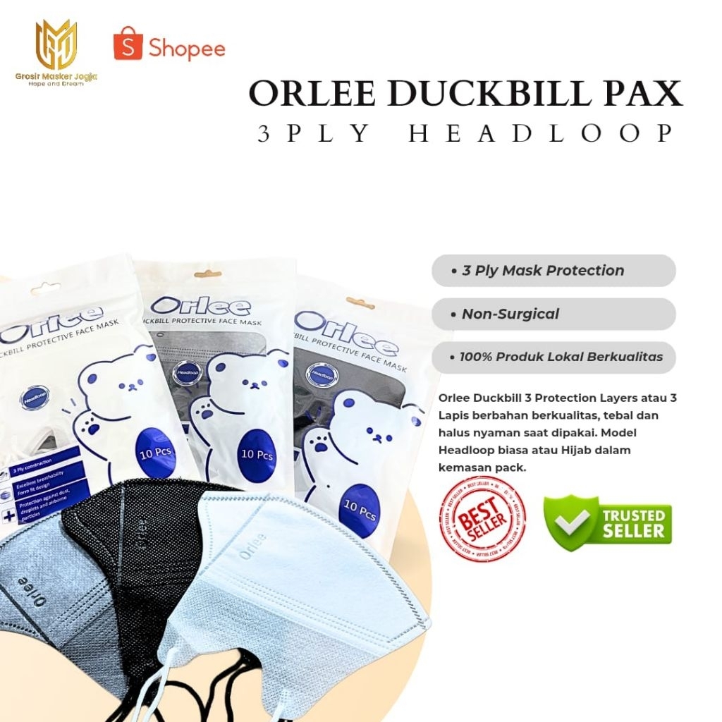 Masker Duckbill Orlee Hijab 3 Ply Pax Isi 10 Pcs Headloop || HITAM || PUTIH || BIRU || ABU