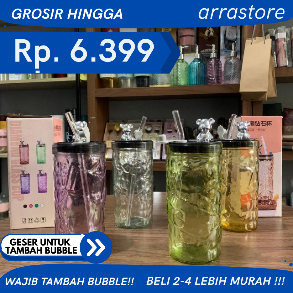 Gelas Kaca Tutup BOTOL BERUANG Panjang 350ml Gelas Kaca Aesthetic FREE BOX