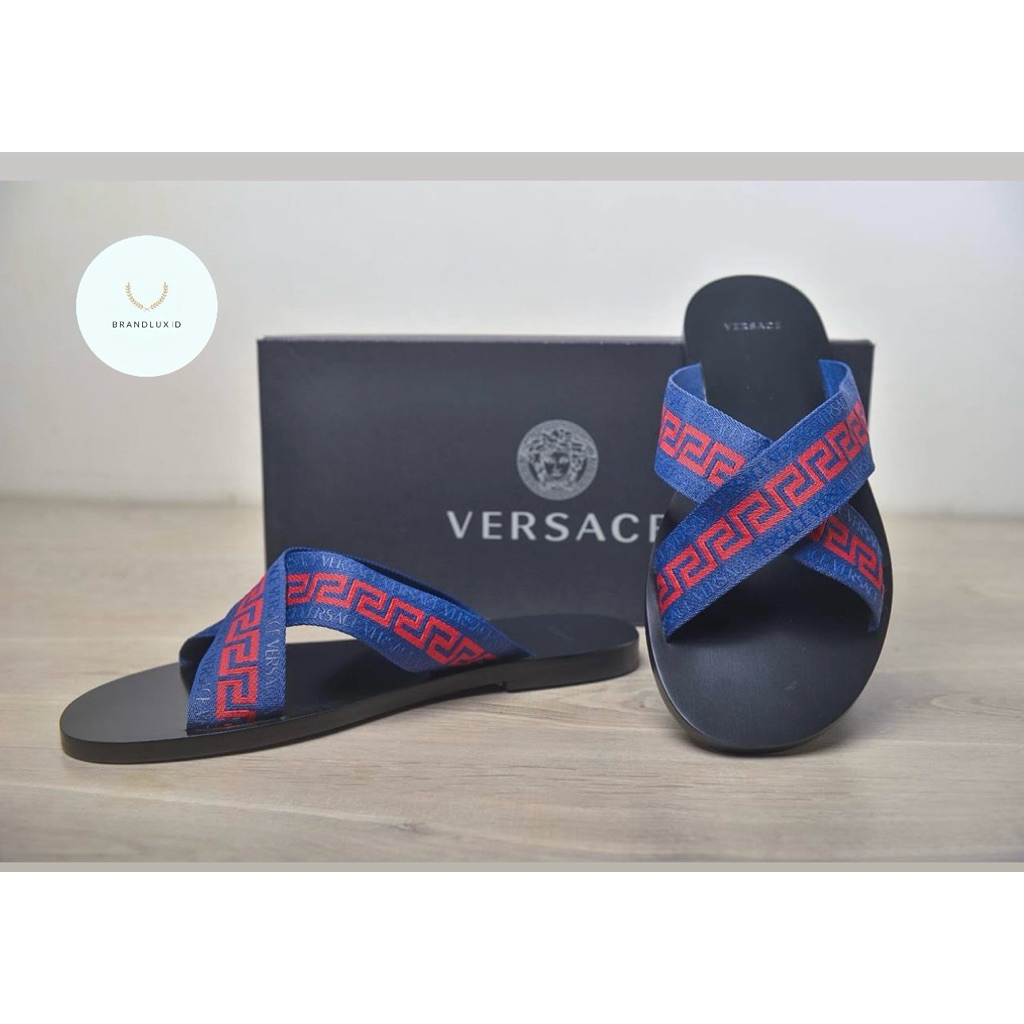 Versace Men Sandal Greca Ribbon In Blue/Red/Black Slide Sandals