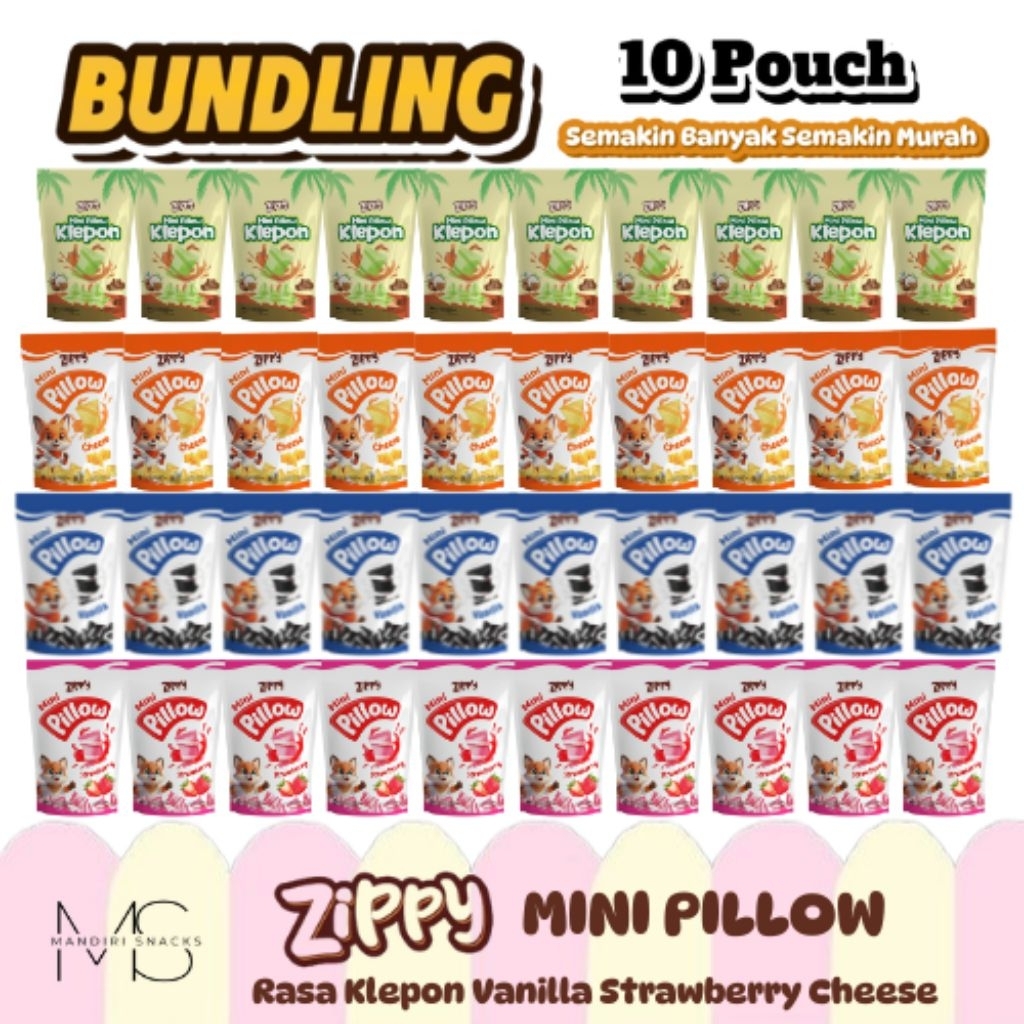 

[BUNDLING 10 POUCH] ZIPPY MINI PILLOW Rasa Klepon Cheese Strawberry Vanilla Kemasan Pouch