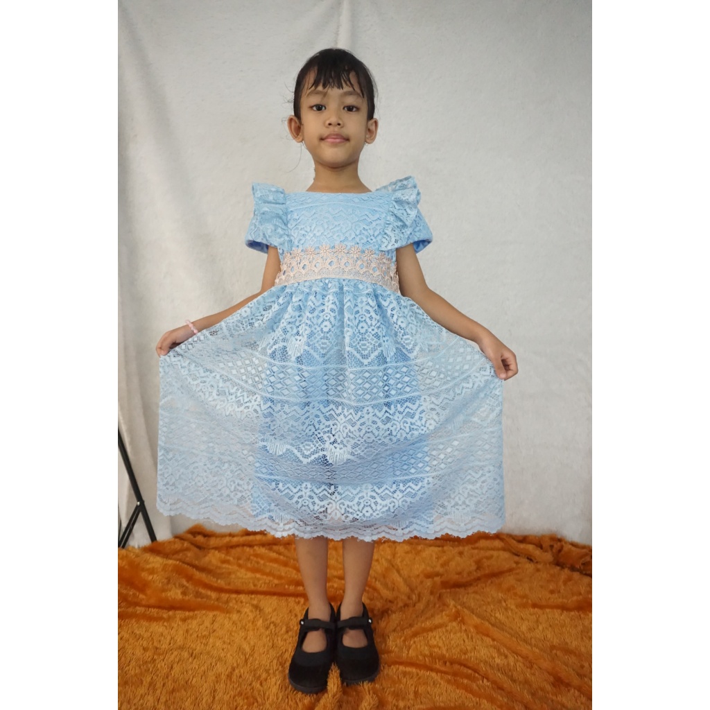 Dress Pesta ulang tahun anak full brokat / biru - coklat - dusty pink - Lavender - Lilac /