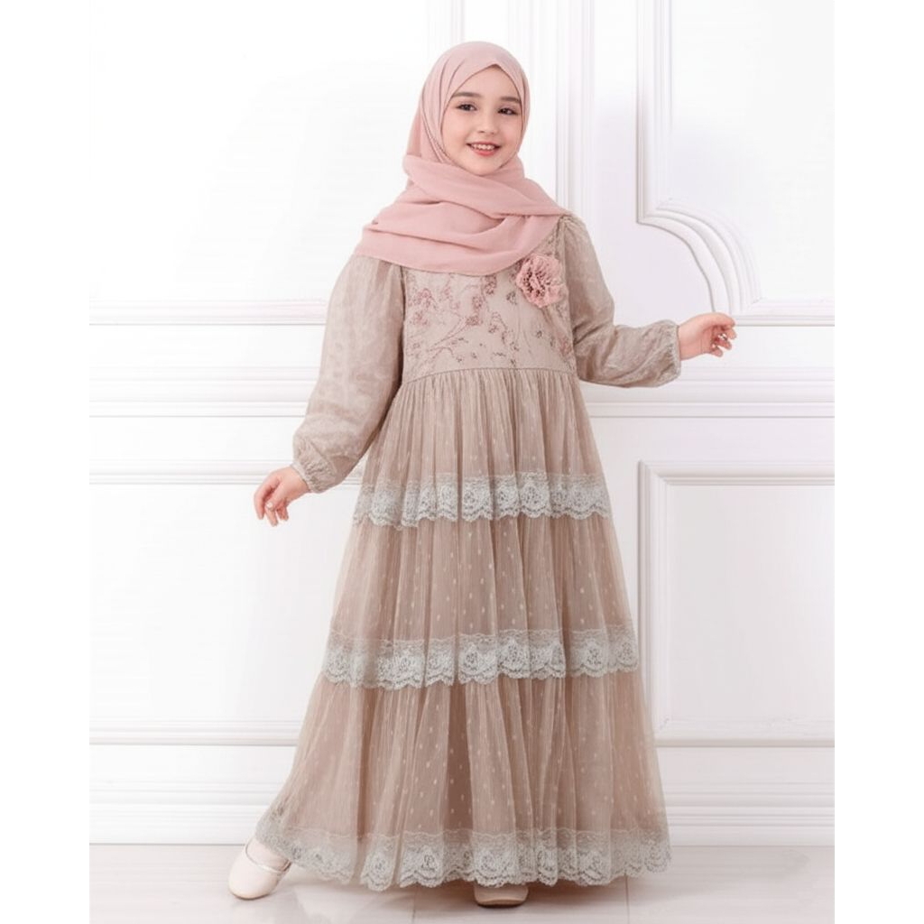 Tsania Dress, Dress Gamis Anak Perempuan Tulle Polkadot, Brukat dan Renda, Cocok untuk Acara Spesial