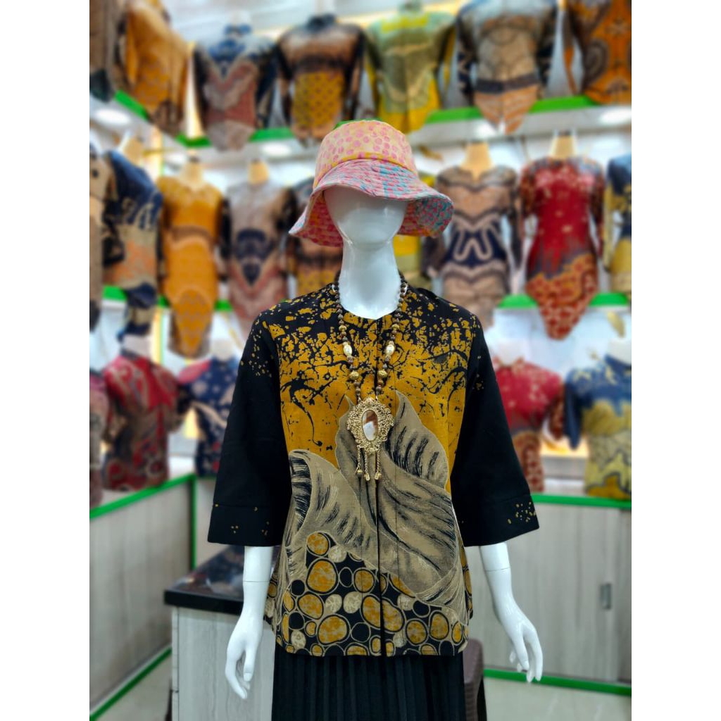 Blouse Batik Atasan Wanita Kerja Qistina Batik Bahan katun motif RANTING KUNING model kancing depan 