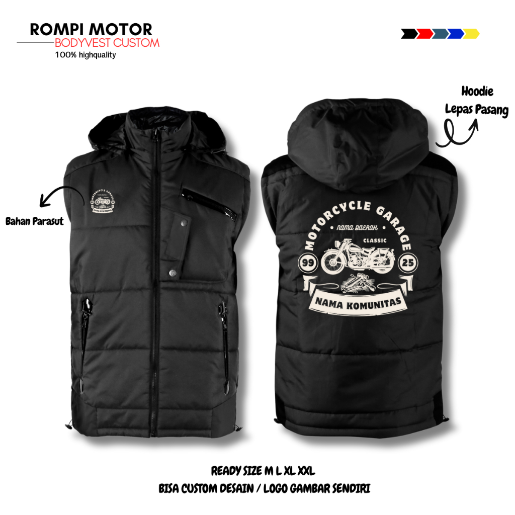 Motorcycle Garage Vest Jaket Custom Design Personal Rompi Touring Komunitas Motor Custom