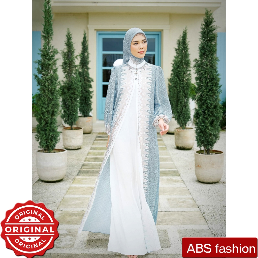 SANIC ALEXANDER Elena abaya Biru, Baju lebaran elegan kain Saten Premium, Baju pesta muslimah satin