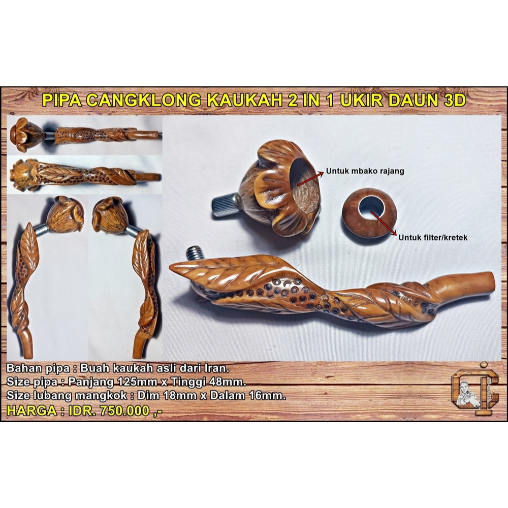 Pipa once kaukah kokka 2 in 1 ukir daun asli alami tembus sinar antik langka.