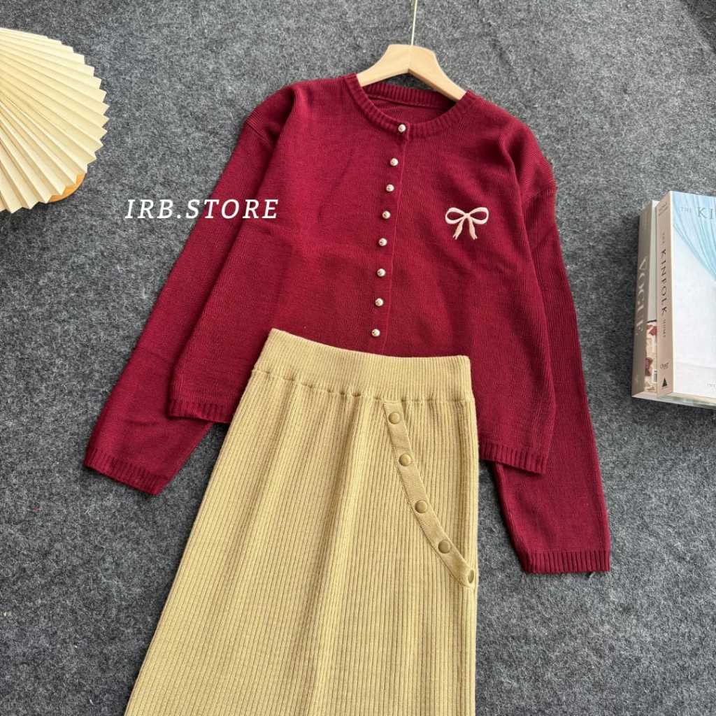 ONESET ROK + KULOT IMELDA CARDY - KNIT RIBON CARDIGAN RAJUT PITA SATU BORDIR CARDIGAN FULL BUTTON PR