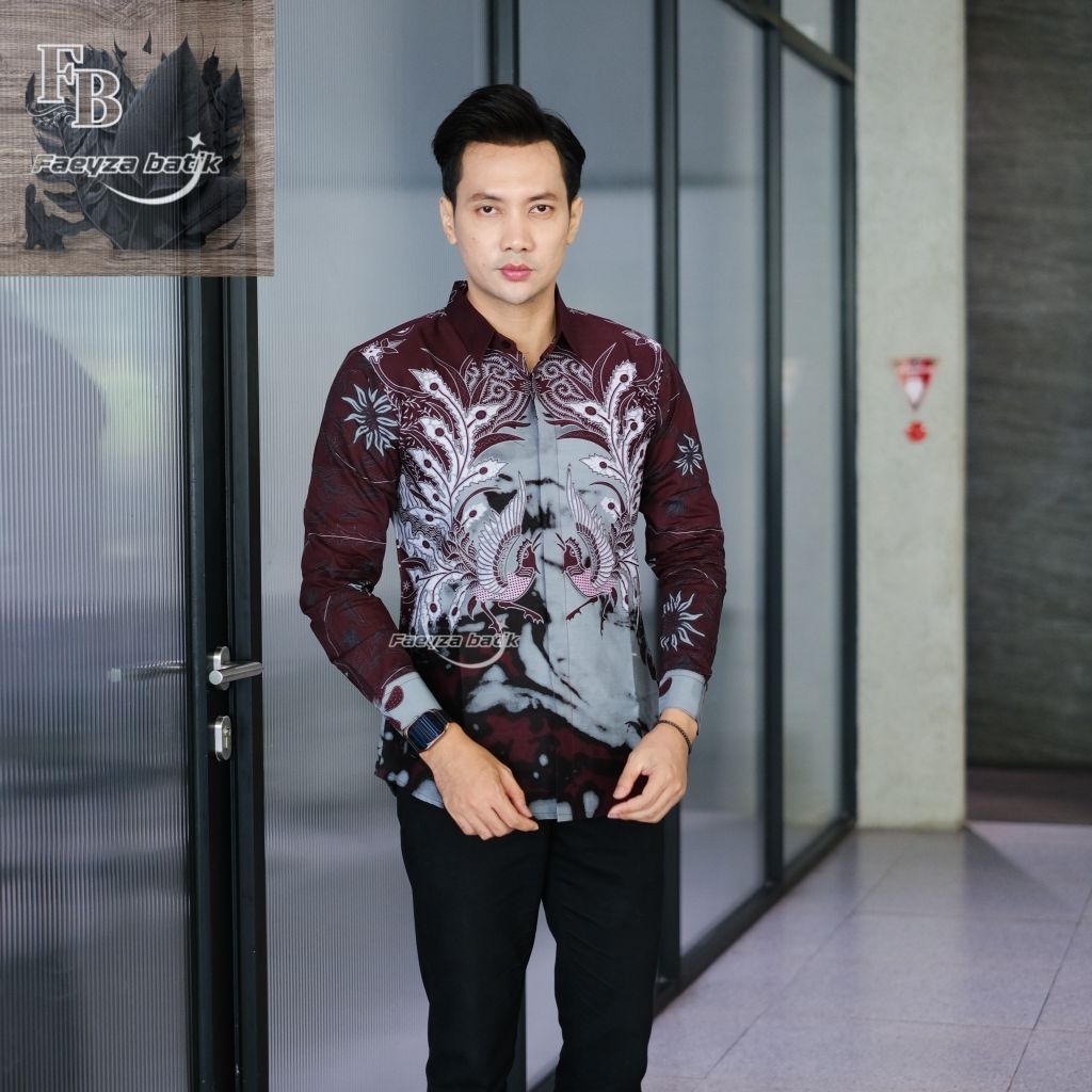 Batik pria Merah Maroon Burgundy Kemeja Batik Pria lengan Panjang Pendek Slimfit Premium Elegan By B
