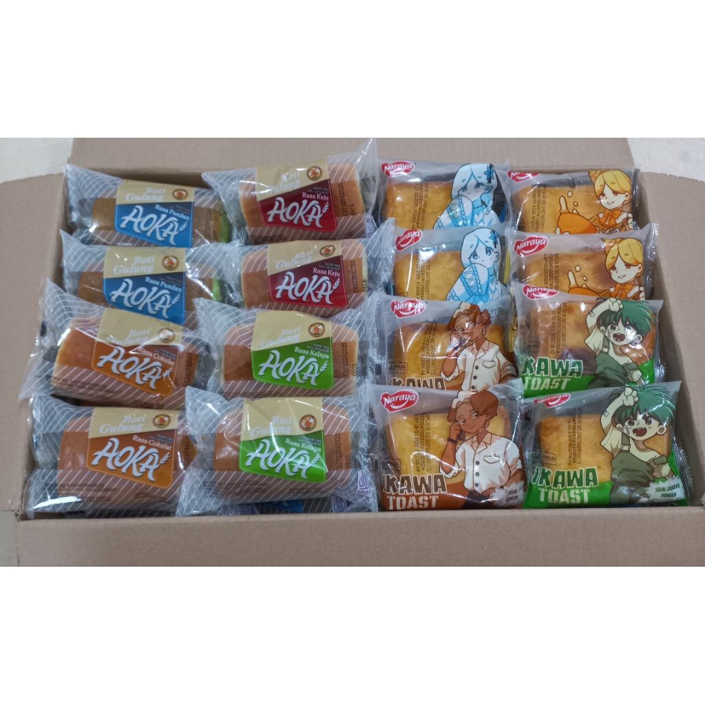 

Bakaranandia - Aoka Roti Gulung Varian Keju, Coklat, Kelapa & Pandan 1 Dus Isi 60