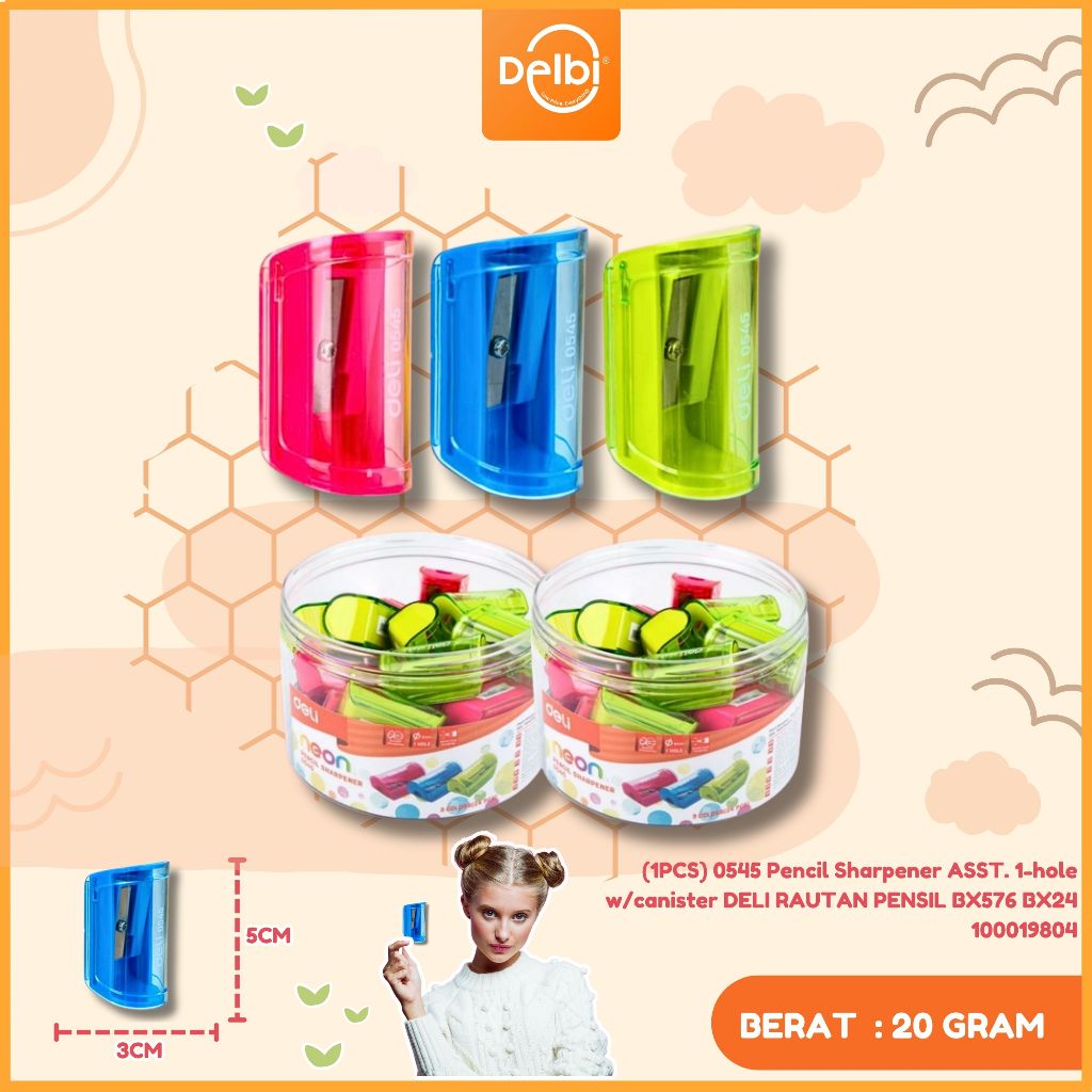 

DELI Peruncing / Sharpener / Rautan Pensil 0545 (1PCS) E0545 PENCIL SHARPENER ASST 1-HOLE W/CANISTER