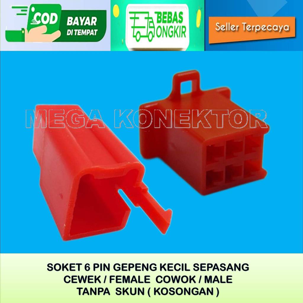 SOKET KABEL MOTOR 6 PIN KECIL  MALE FEMALE MERAH KOSONGAN-SOKET–6 PIN- SOKET KABEL 6 PIN KECIL NYLON
