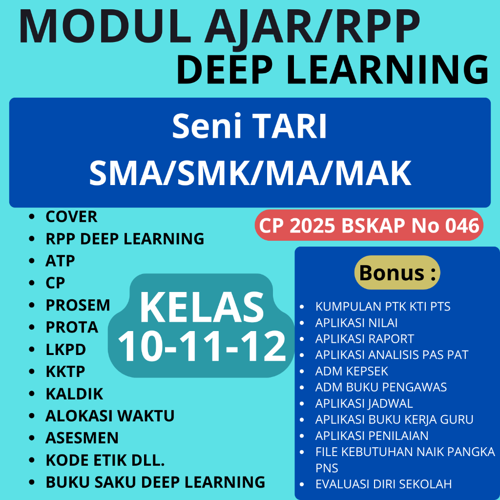 

Modul Ajar dan RPP Deep Learning SMA ( SENI TARI Kelas 10 11 12 ) - RPP DEEP LEARNING SIAP PAKAI
