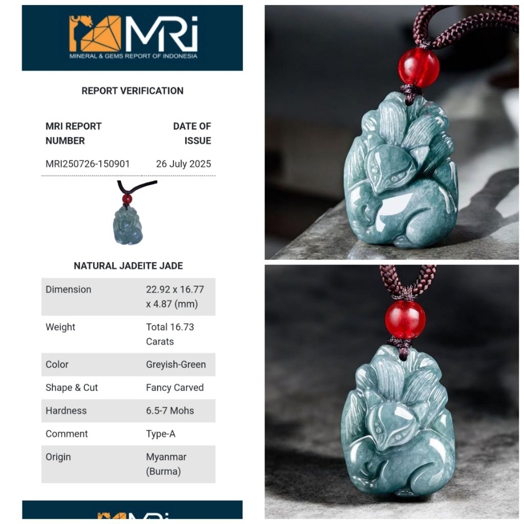 Kalung Liontin Giok Burma Type A Carving Rubah Ekor Sembilan Dengan Certificate Memo