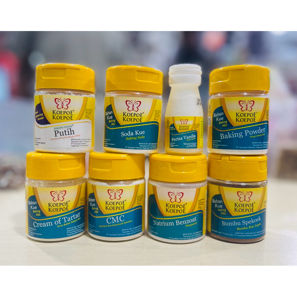 

Koepoe-koepoe / Baking powder/ Soda Kue / Natrium Benzoat / Putih / Bumbu Spekoek / CMC / Cream of Tartar / Perisa Vanila