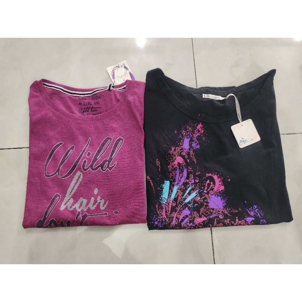 Kaos Oblong Cewe Emba (Hitam Lengan Pendek) & Cressida (Ungu Lengan Panjang), UK M-XL, 100%Original&