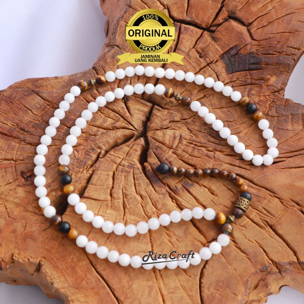 Rizacraft GOLDEN WHITE JADE Tasbih Batu Giok Putih 99 Butir Kalimantan Asli Alam 100% Mewah Kualitas