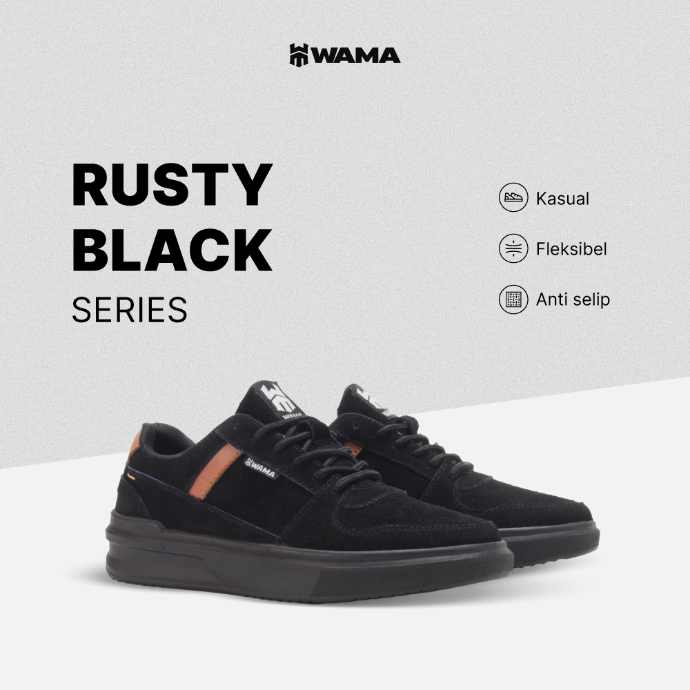 WAMA - Rusty Black | Sepatu Skate - Sepatu Sneakers Skate Black Pria - Vintage Leather Suede Shoes