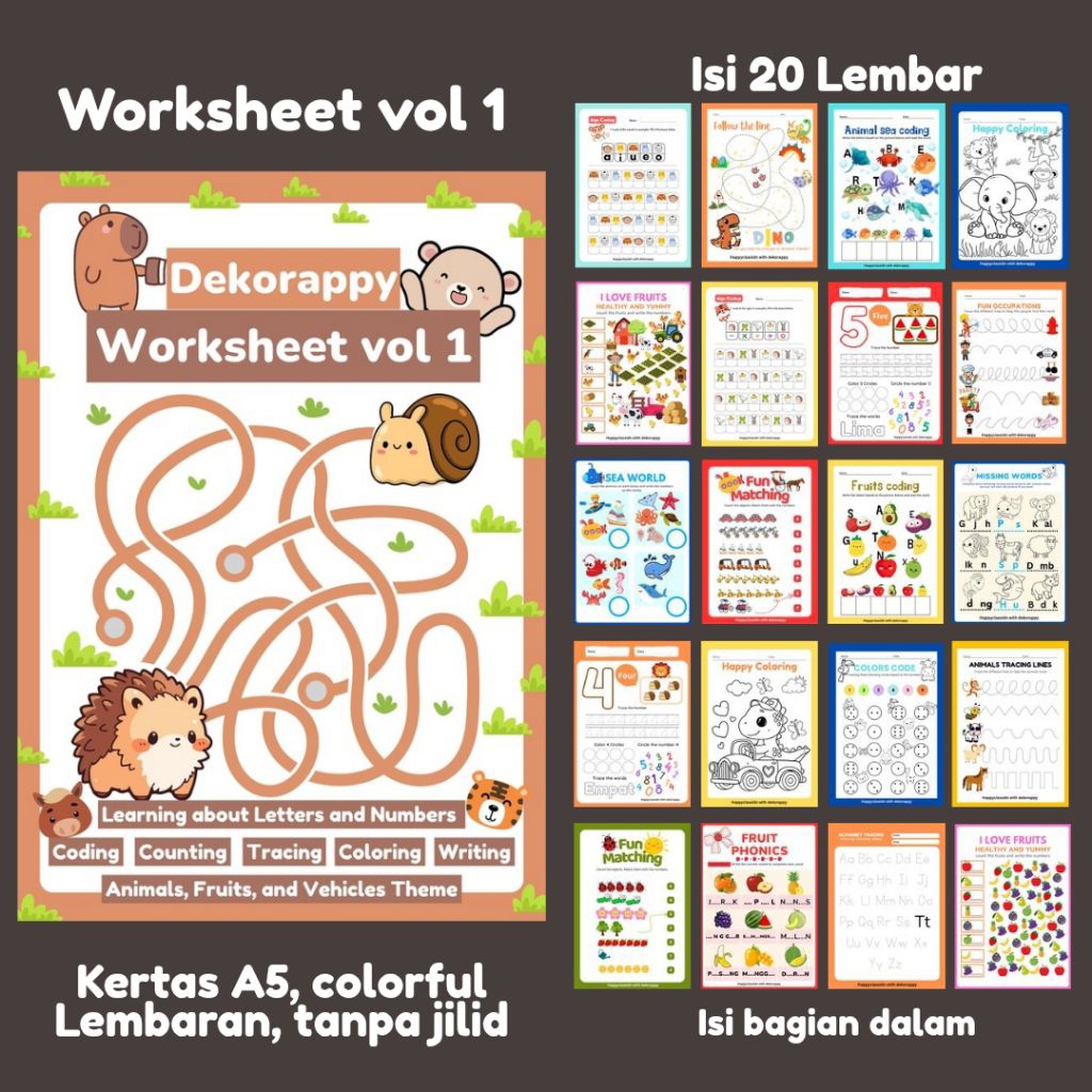 

worksheet anak dapat 20 LEMBAR kertas A5 warna tidak tajam