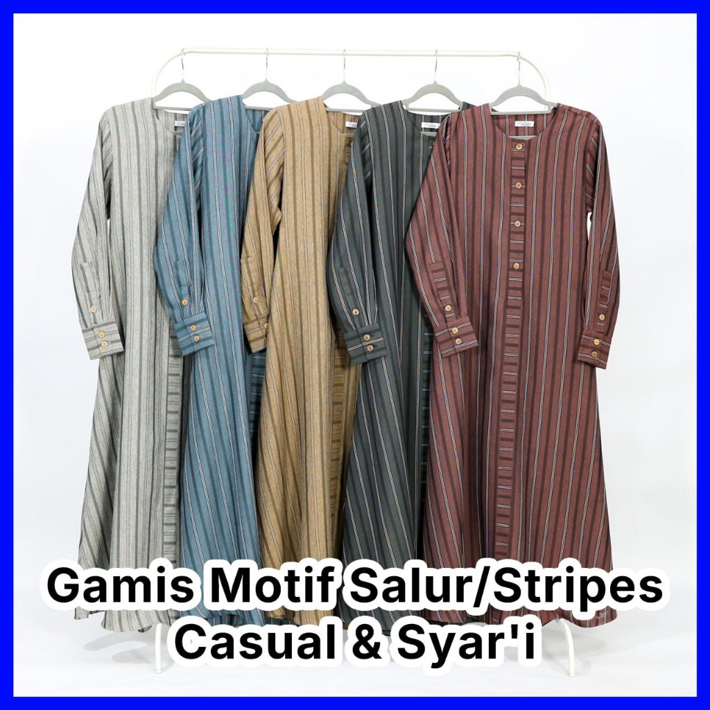 Gamis Kajian Wanita Muslimah Syari Motif Salur Semi Wool Premium Kombinasi Warna Vintage Izzati