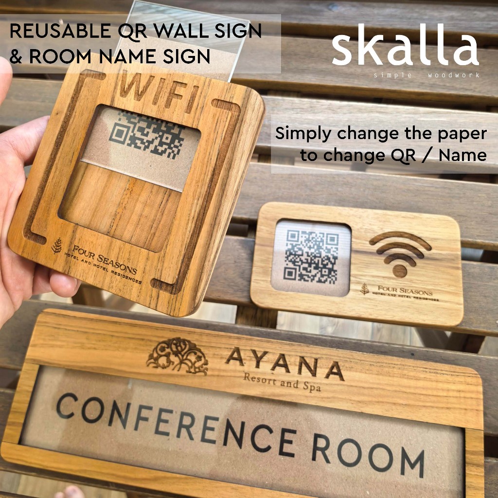 Papan Nama Sign Ruangan Hotel sliding custom - Plakat QR Wifi Kayu reusable Barcode Restoran Hotel A