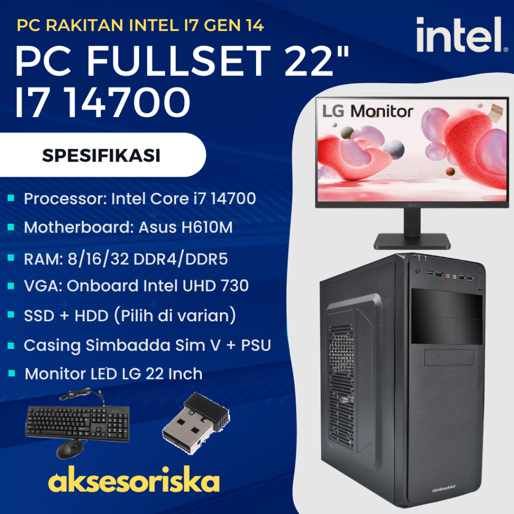 PAKET LENGKAP PC RAKITAN KOMPUTER KANTOR Intel Core i7 14700 MONITOR LED LG 22" PC Rakitan i7 Gen 14