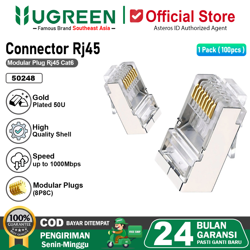 UGREEN Konektor RJ45 Cat5e Cat 6 UTP Modular Plug Ethernet Gigabit 100 Pcs