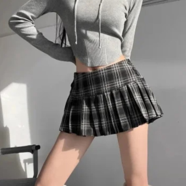 Rok Wanita Gaya Sekolah Korea Kotak-kotak Terbaru Pinggang Tinggi Langsing Bahan Jas Lapisan Dalam B