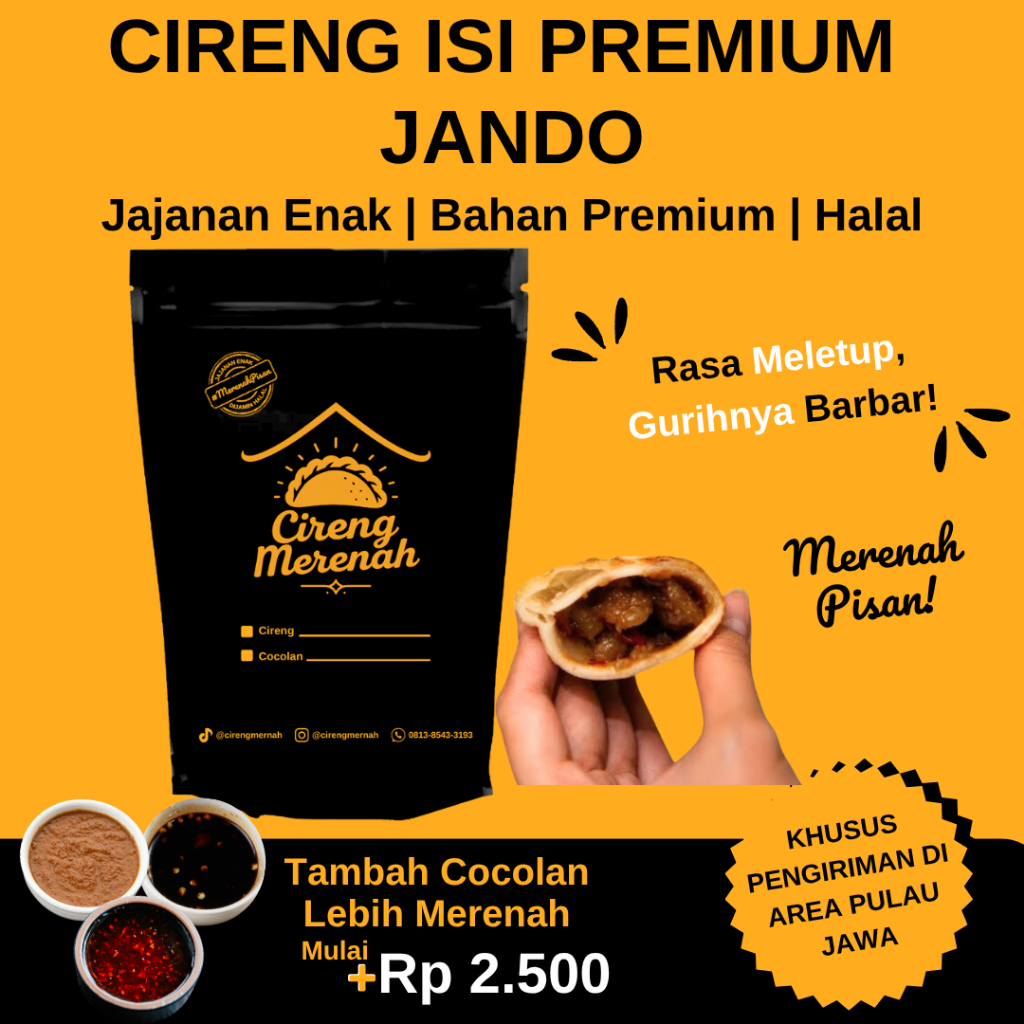 

CIRENG MERENAH CIRENG ISI JANDO EKSTRA COCOLAN CHILI OIL / BUMBU KACANG / BUMBU RUJAK