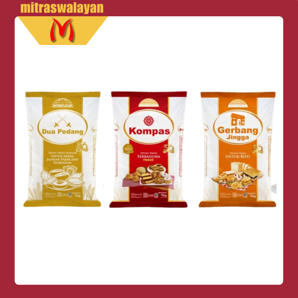 

Tepung Terigu Serbaguna KOMPAS, DUA PEDANG & GERBANG JINGGA Kemasan 1 kg