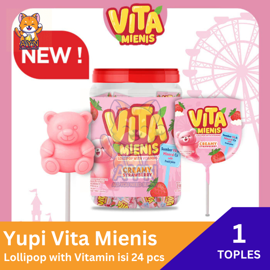 

Yupi Vita Mienis Lollipop Creamy Strawberry [ 1 toples isi 24 pcs ]