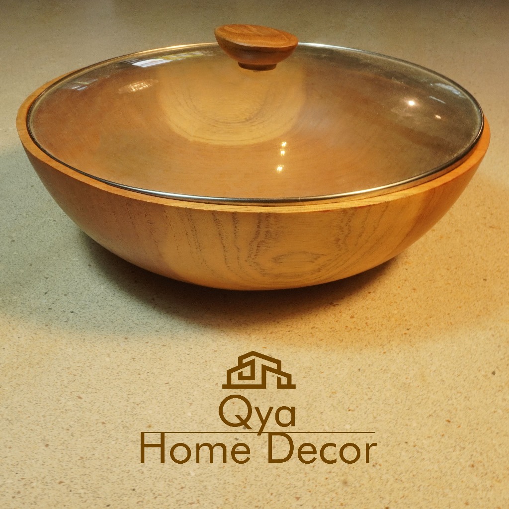 Large Bowl With Glass Lid / Mangkok Besar dengan Tutup Kaca Aesthetic Dari Kayu Jati