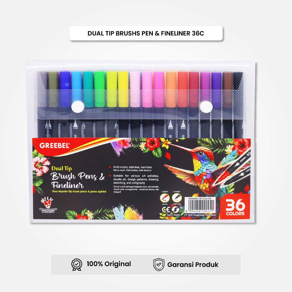 

GREEBEL Spidol Warna Set BRUSH PEN DUAL 36 Warna Brush Pen Double Tip Drawing Pen Permanent Marker