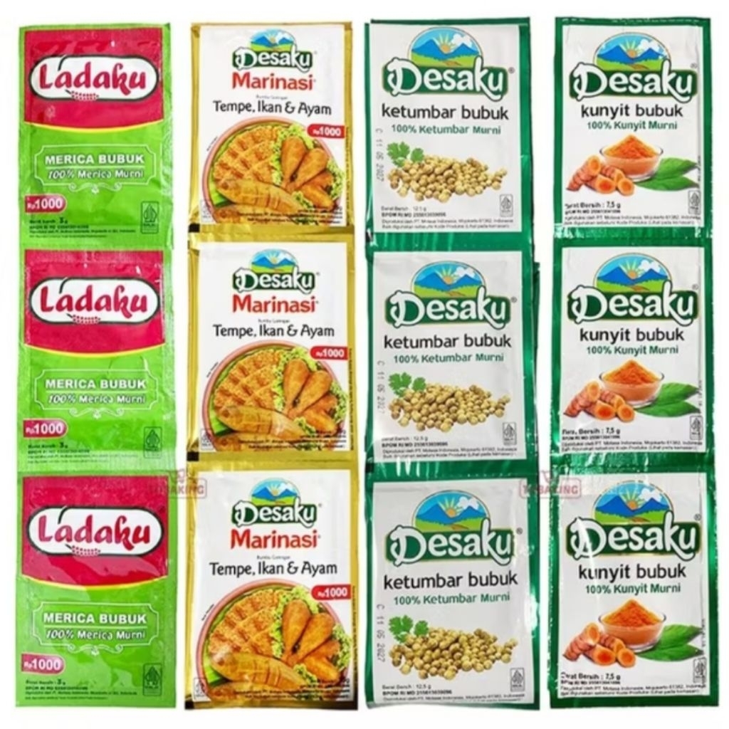 

DESAKU Bumbu Marinasi Ayam Tempe Ikan , Bubuk Ketumbar , Bubuk Kunyit dan Lada Bubuk Ladaku