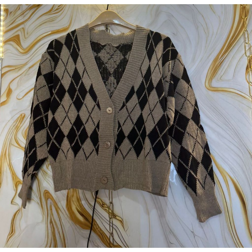 Cardigan Rajut Knit Korea Motif Premium Kotak-Kotak