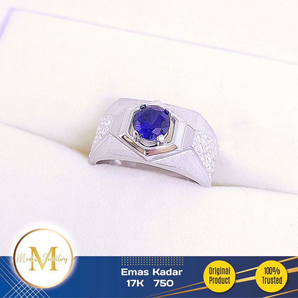 MODIS JEWELLERY - Cincin Pria Royal Blue Ukir Putih - Emas 17k  750