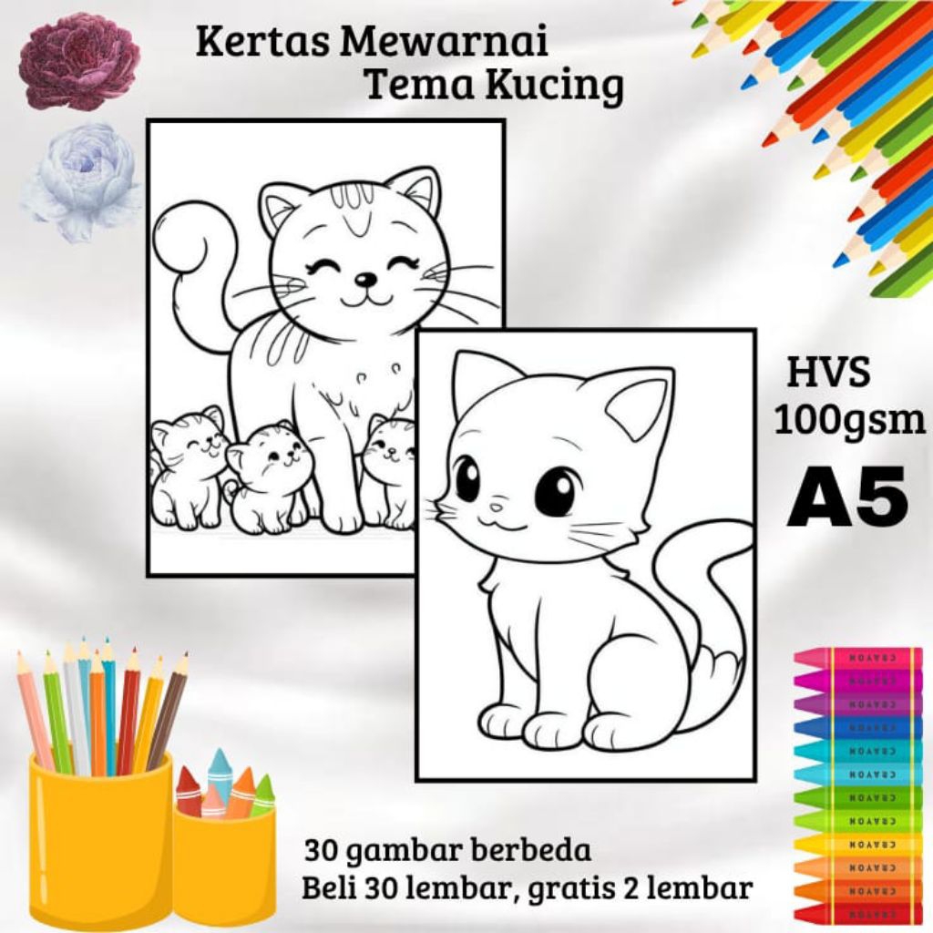 

30 LEMBAR KERTAS GAMBAR MEWARNAI TEMA KUCING (READY LANGSUNG KIRIM)