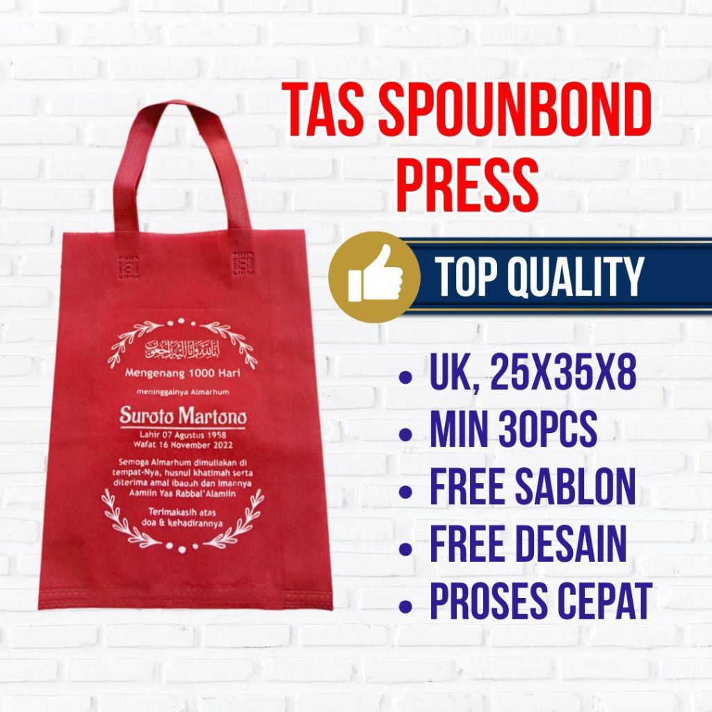 

Tas Spounbond press custom uk 25x35x8 cm gratis sablon nama, logo dll