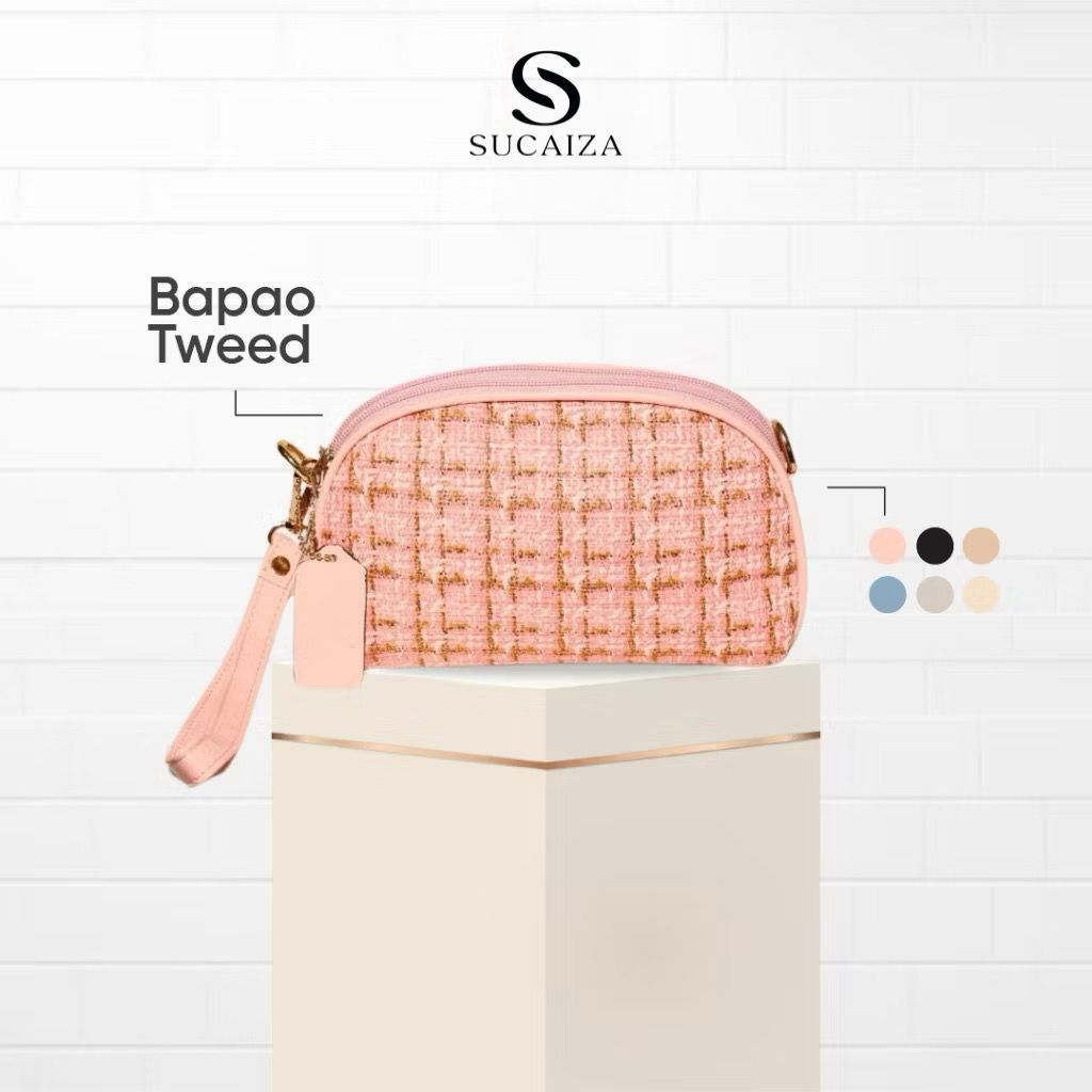 SUCAIZA  Dompet Bapao Motif Tweed Bahan Kanvas Kombinasi Satin Aksesori Rantai Emas Stylish