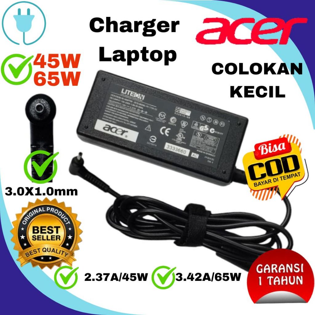 ORICharger ACER A1 Swift, Aspire 3, Aspire 5, Spin, Aspire Vero Original Small Plug Bulat Aspire 3