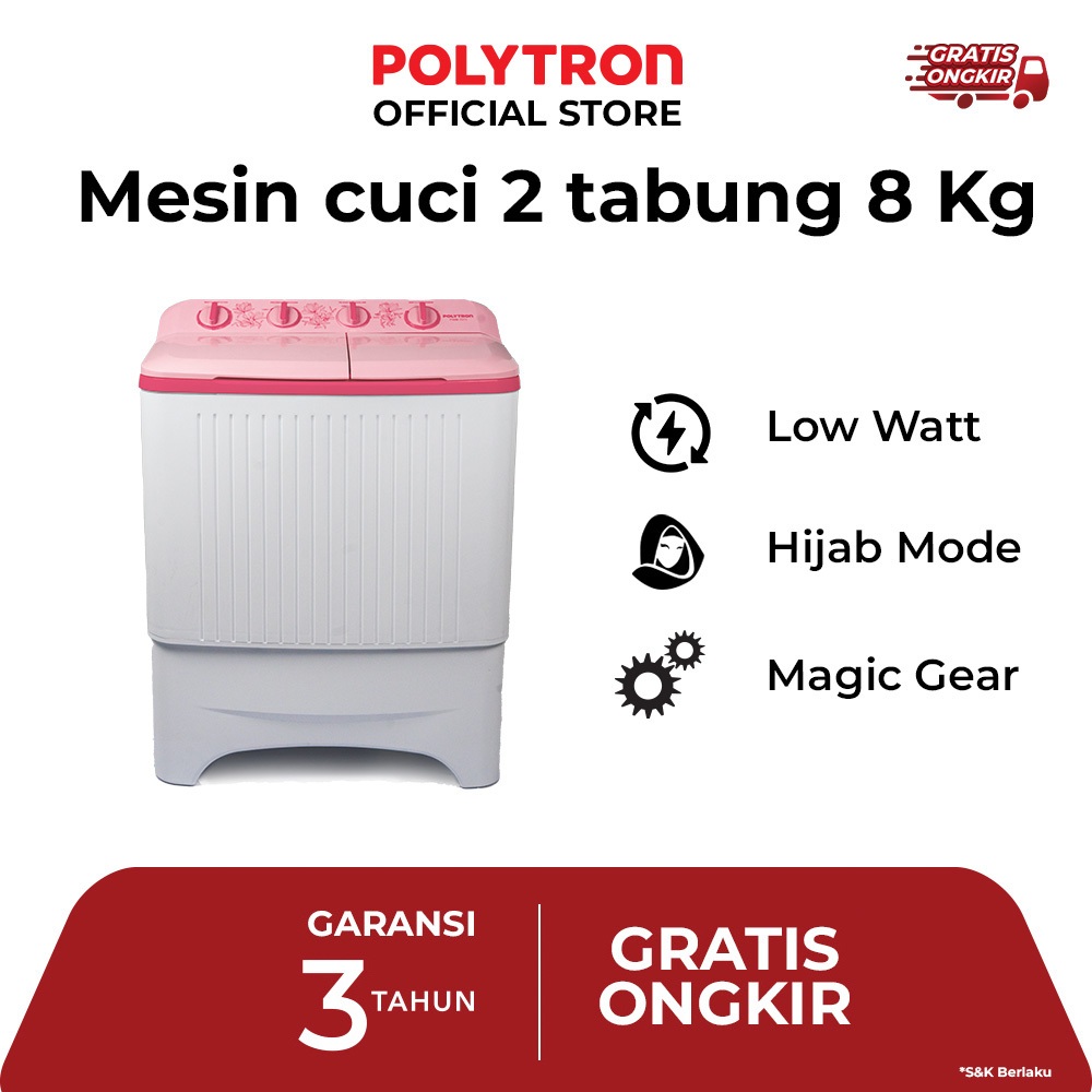 POLYTRON Mesin Cuci 2 Tabung Giant Series  8 KG - PWM 8073P