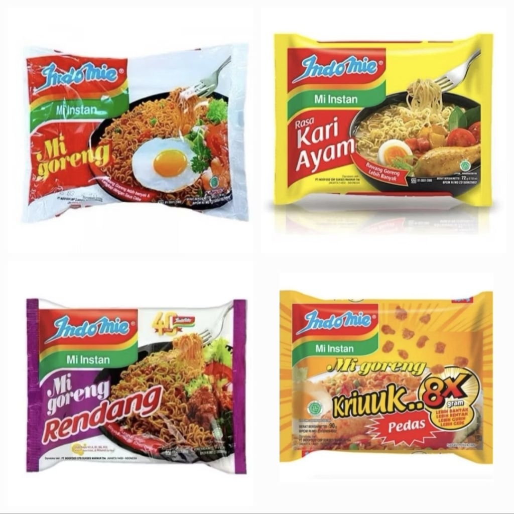 

Indomie Mie Instan Goreng / Indomie Rendang / Indomie Kriuk / Indomie Kari Ayam