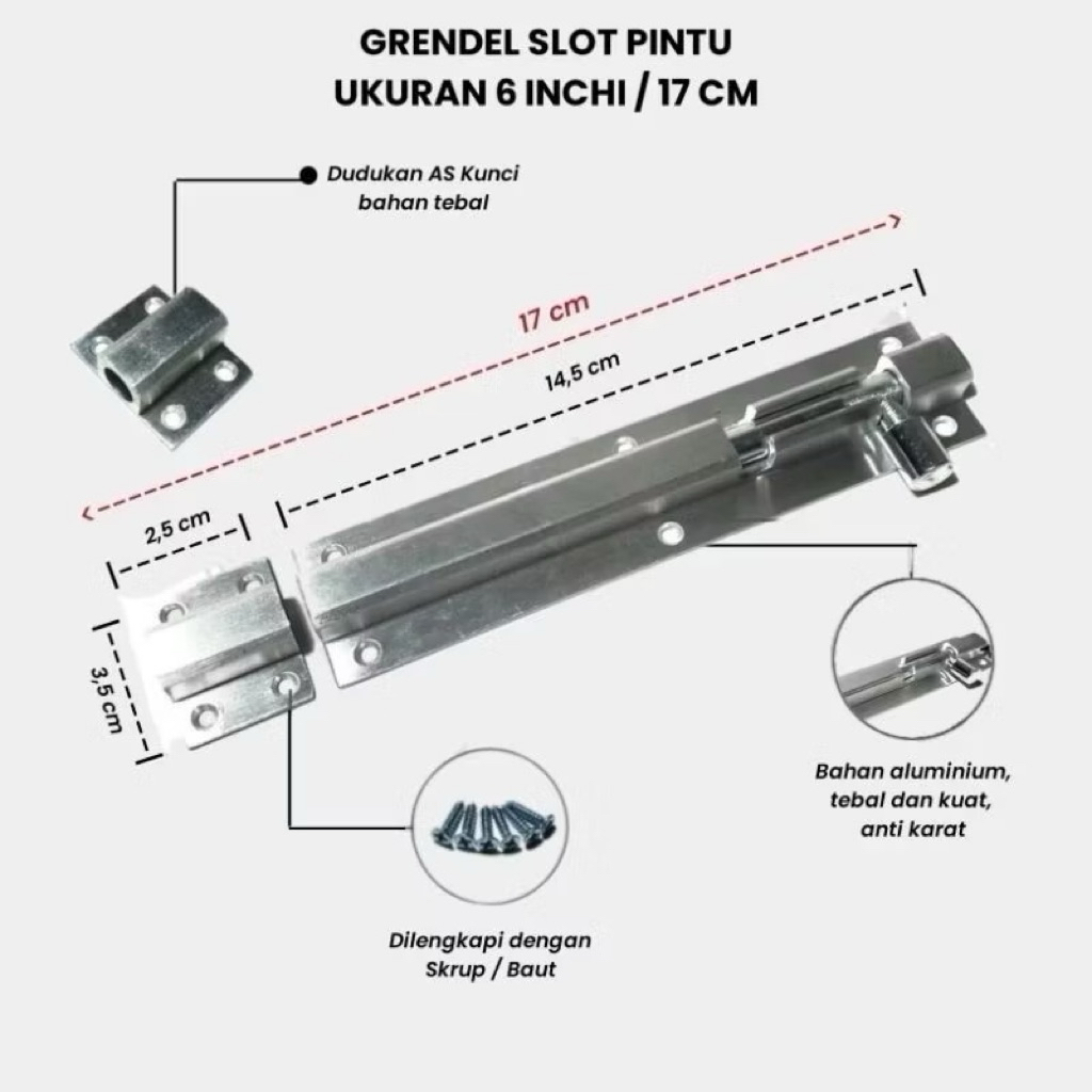 Grendel slot pintu size 6 inch ( 17cm ) slot kunci pintu atas / bawah